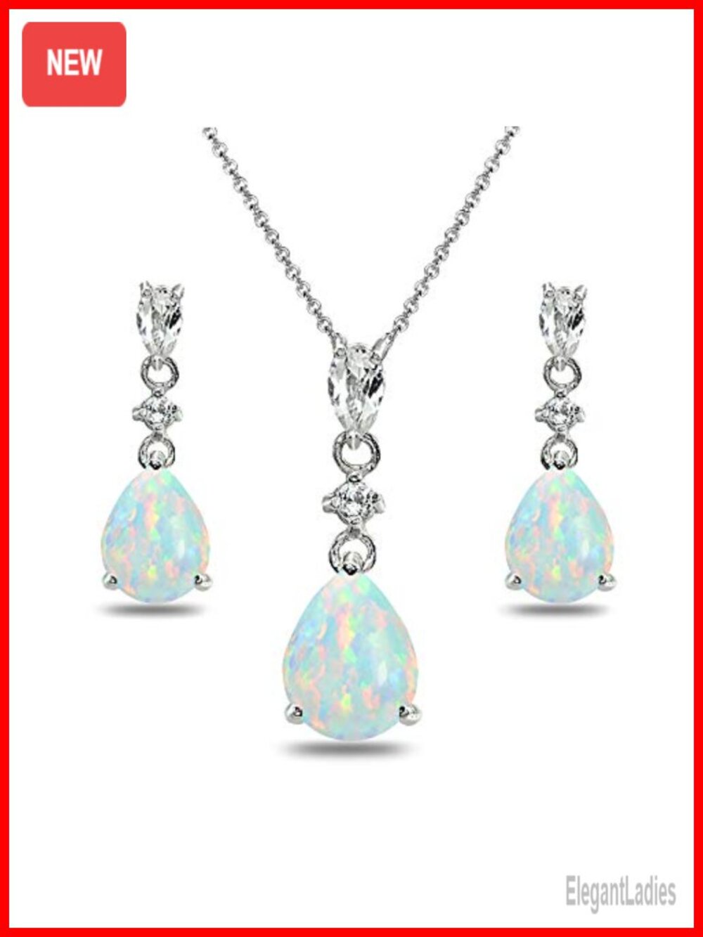 Sterling Silver White Opal Teardrop Necklace & Earrings Jewelry Set for Women